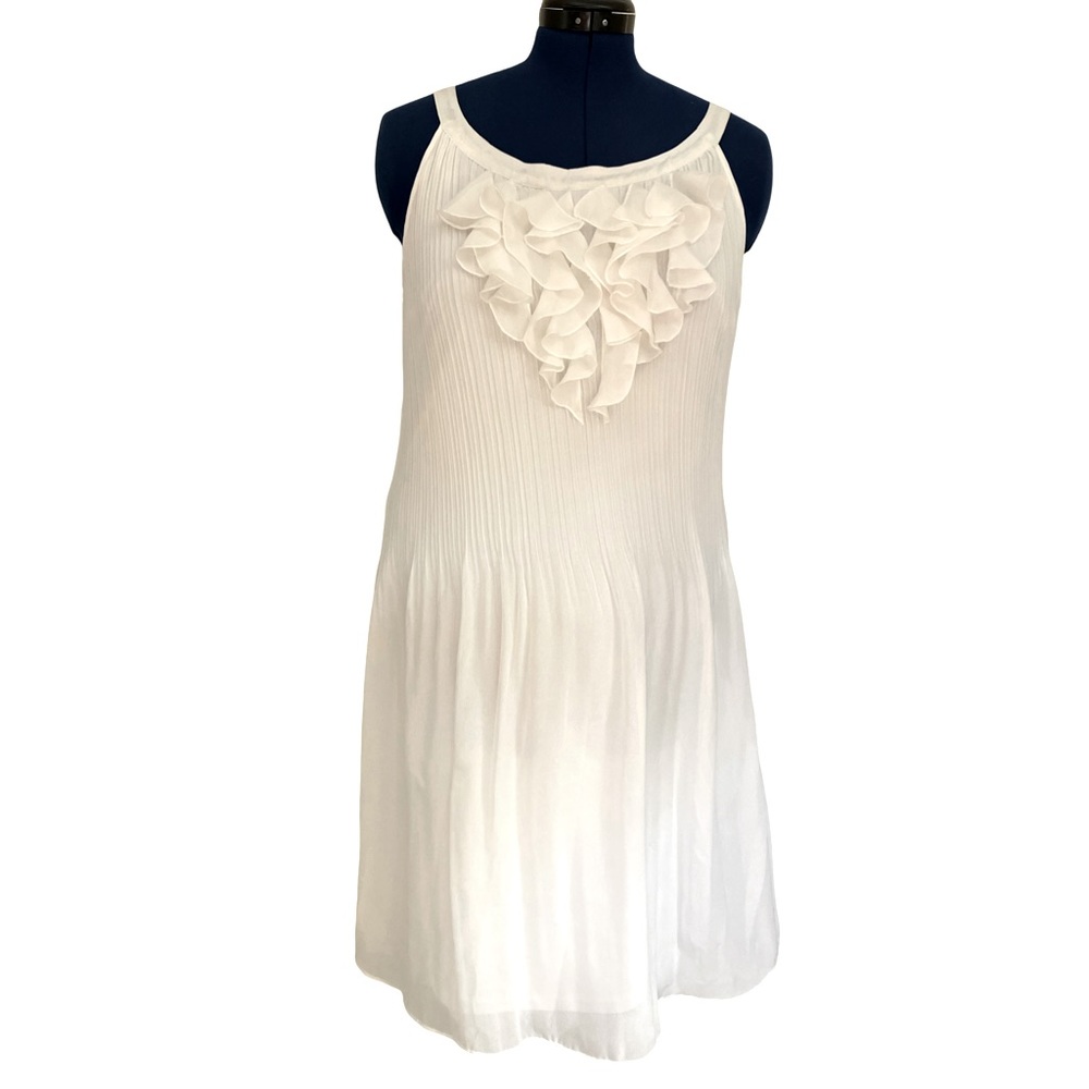Amanda Lane Cream Crepe de Chine Strap Shoulder Ruffled Pleated Midi Dress 12